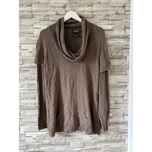 Eddie Bauer Brown Tight Knit Cowl Neck Long Sleeve Sweater Pockets XL - Picture 1 of 9